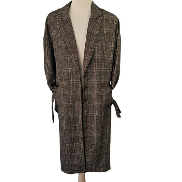 Reset by Jane Mallory Plaid Coat Women S Belt Tie Sleeves Woven Poly Blend Brown - Picture 6 of 10